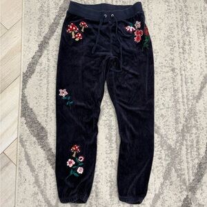 Juicy Couture Black Velvet Track Pants with Red & Pink Embroidered Flowers